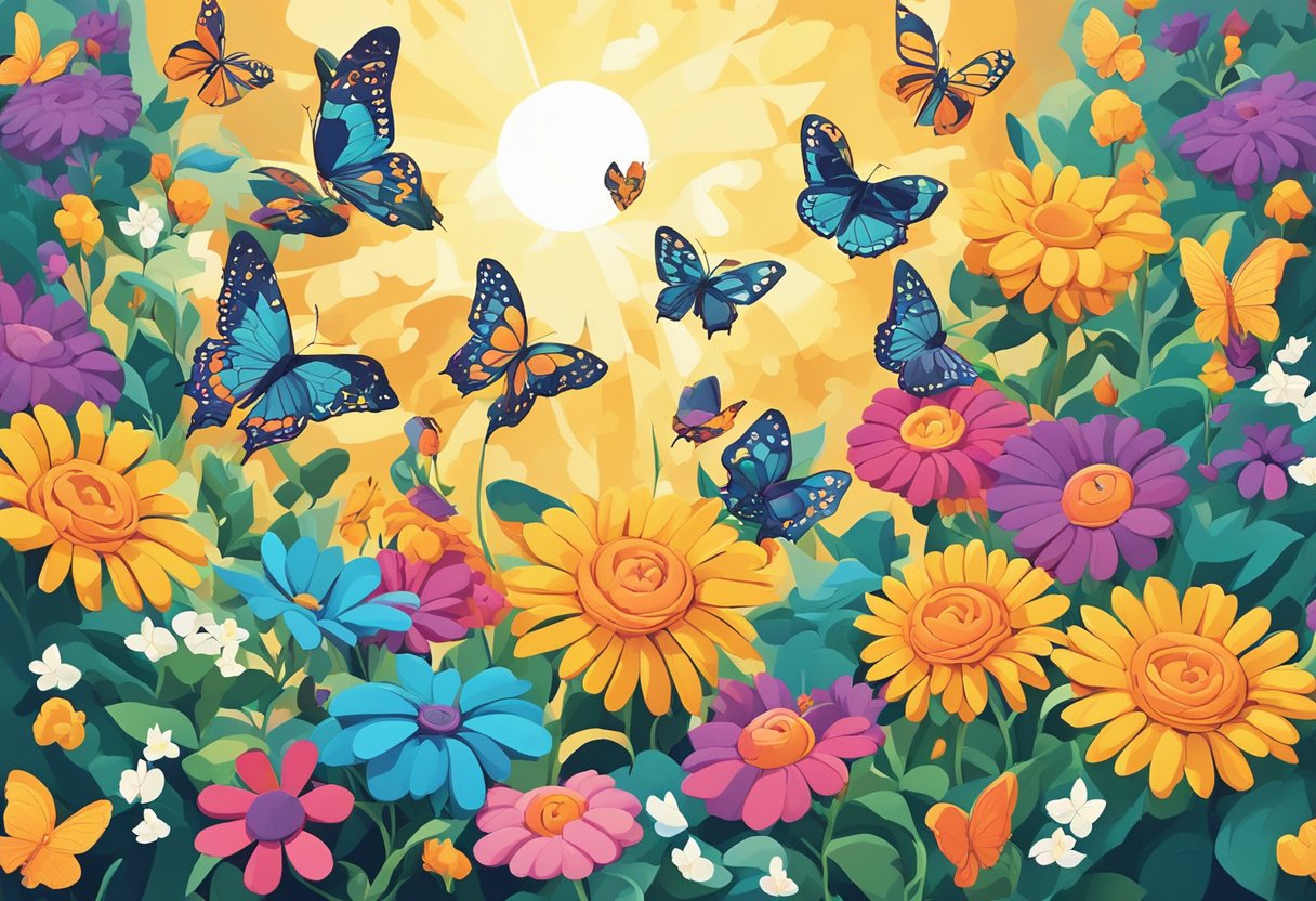 A colorful bouquet of flowers with a bright sun shining in the background, surrounded by butterflies and birds in flight