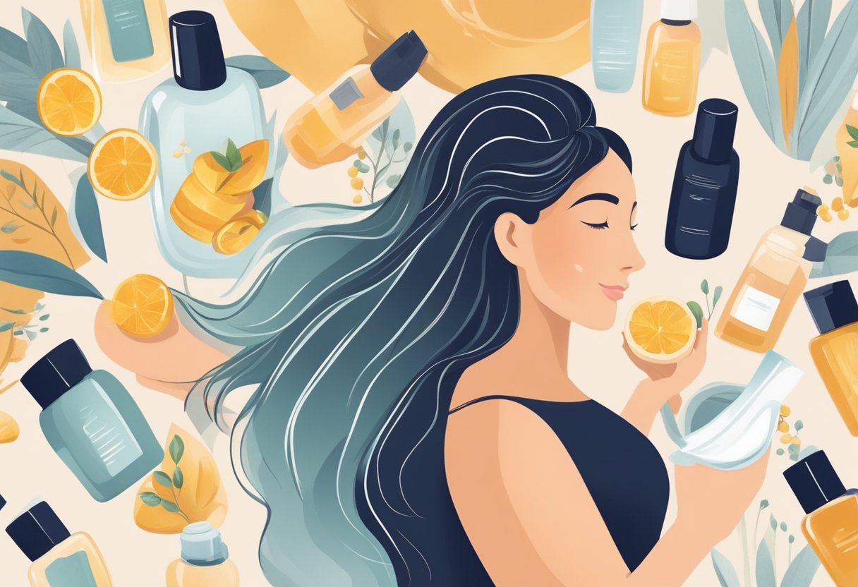 A person's hand pouring nourishing oil onto a scalp, surrounded by various hair care products and a gentle, soothing atmosphere