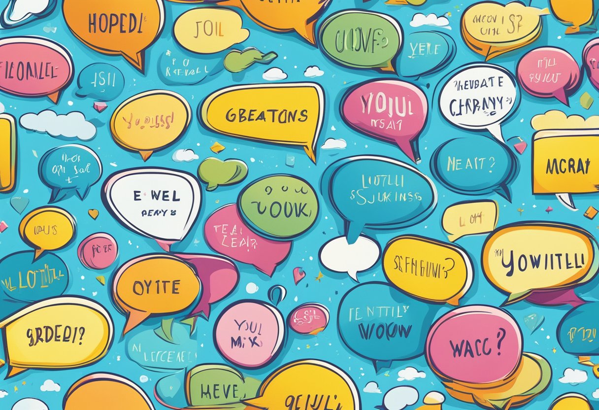 A colorful array of speech bubbles with joyful quotes floating in a clear blue sky