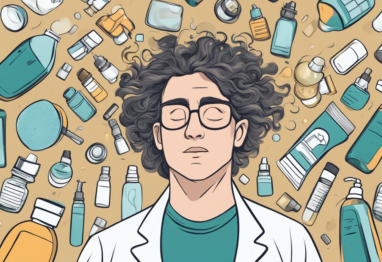 A person's head with hair falling out in clumps, surrounded by bottles of hair care products and a doctor's prescription for treatment