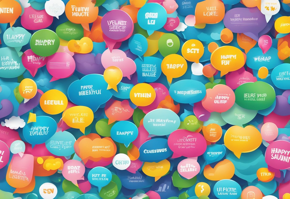 A colorful array of quote bubbles floating in a sunny sky, each containing a different happy quote