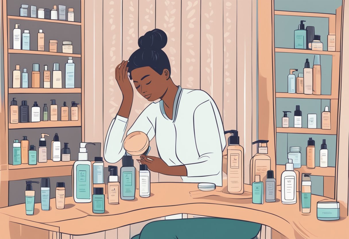 A person applying a soothing scalp treatment, surrounded by various hair care products and a gentle, comforting atmosphere