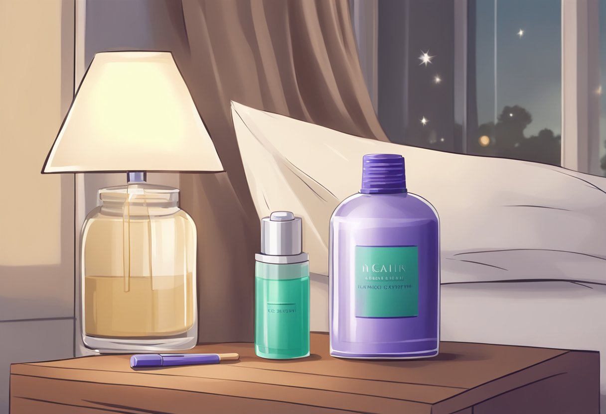 A bottle of hair growth serum next to a soft, comfortable headscarf on a nightstand