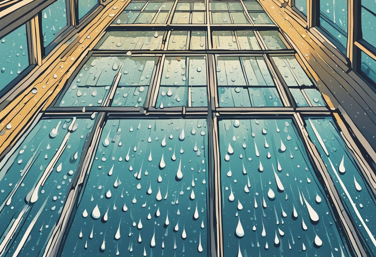 Raindrops fall on a window pane, creating a rhythmic pattern. Puddles form on the ground, reflecting the world above. Clouds darken the sky, as the earth is nourished by the gentle shower