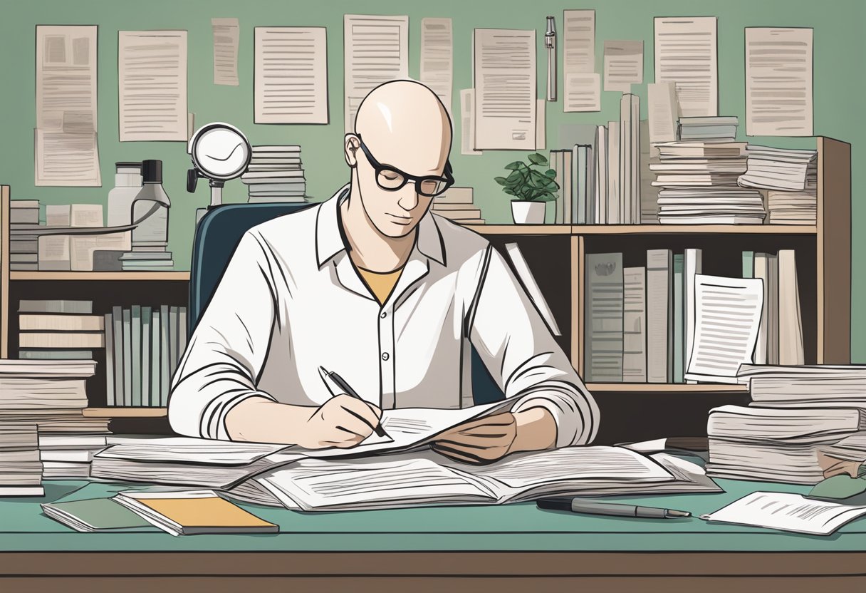 A person researching hair loss treatments post-chemotherapy, surrounded by financial documents and medical literature