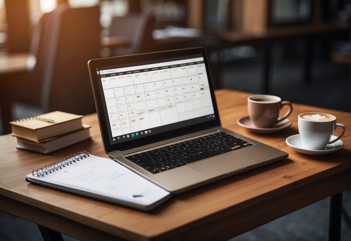 A laptop on a desk with a notepad, pen, and coffee. A calendar showing 2024. A bookshelf with niche blog topics