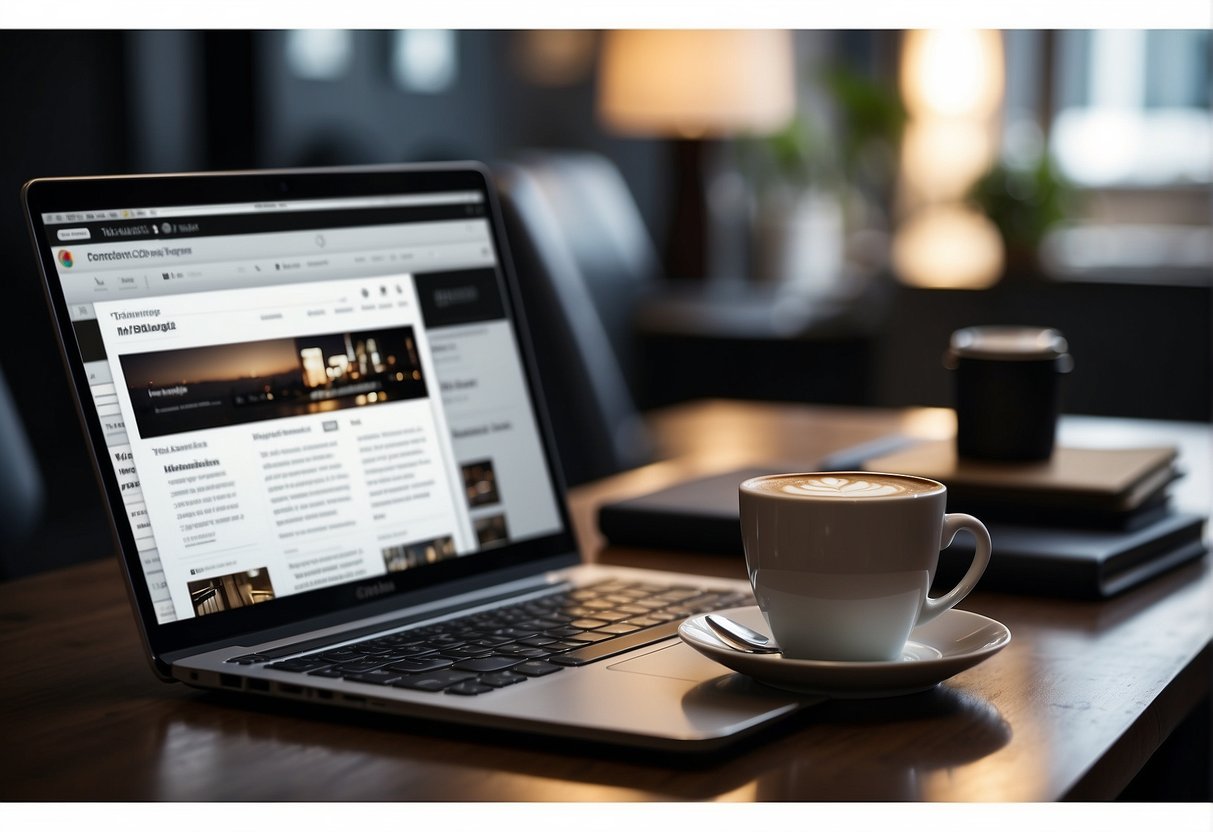 A laptop open on a clean desk, with a notepad and pen beside it. A cup of coffee sits nearby as the screen displays a blog template