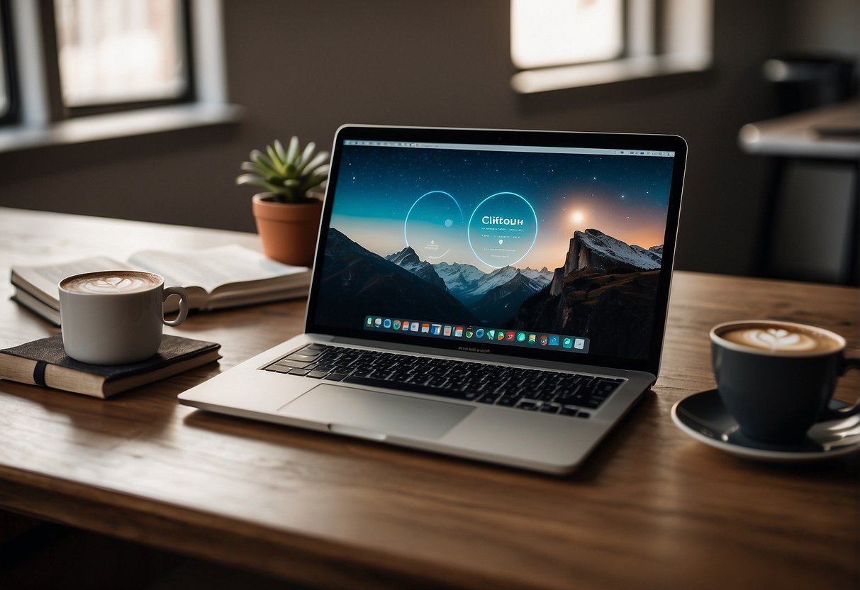 A laptop with a blank screen surrounded by notebooks, pens, and a cup of coffee on a desk with a "How to start a niche blog in 2024" book open