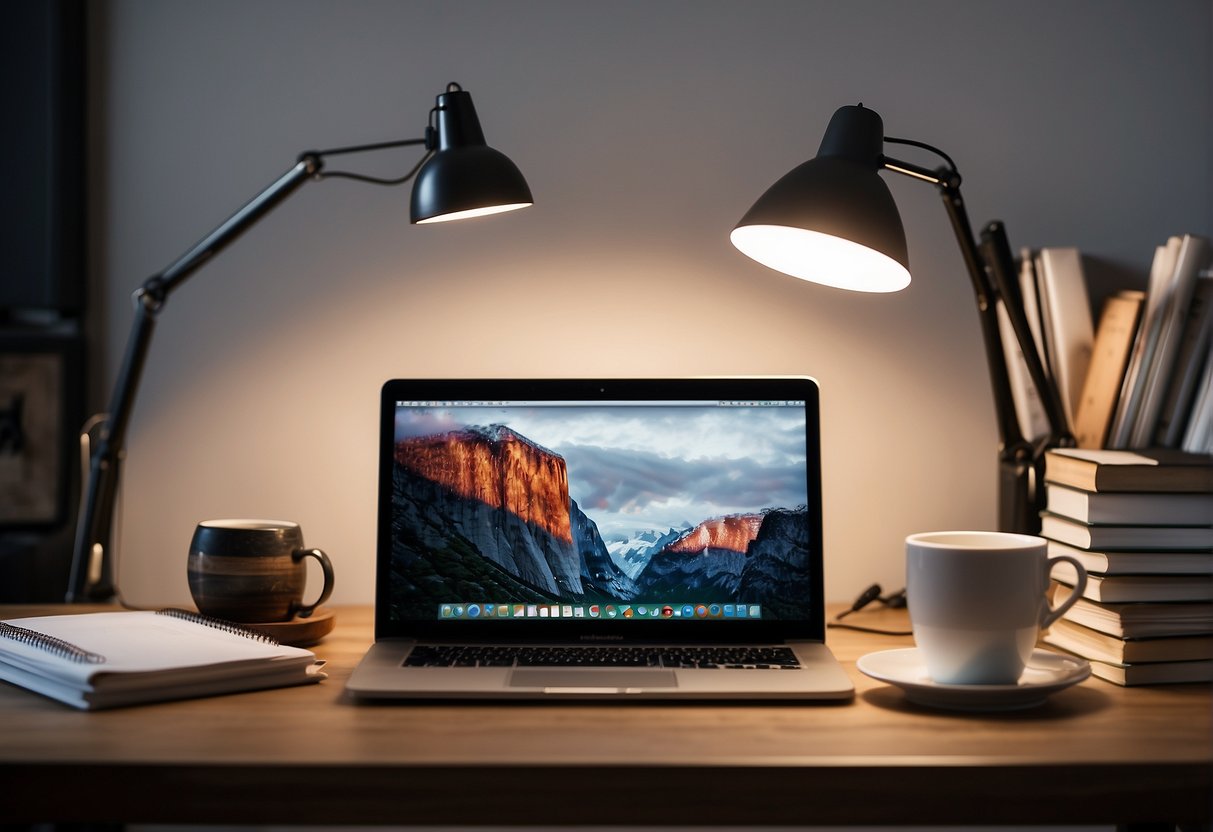 A laptop surrounded by coffee mugs, notebooks, and a calendar. A desk lamp illuminates the workspace. A stack of books on blogging sits nearby