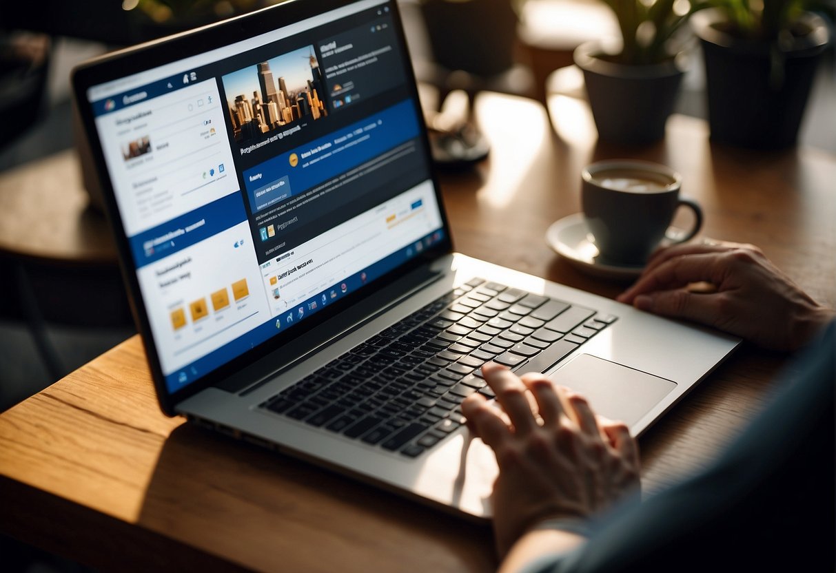 A person typing on a laptop with a niche blog title on the screen, surrounded by audience engagement tools like social media icons and comments