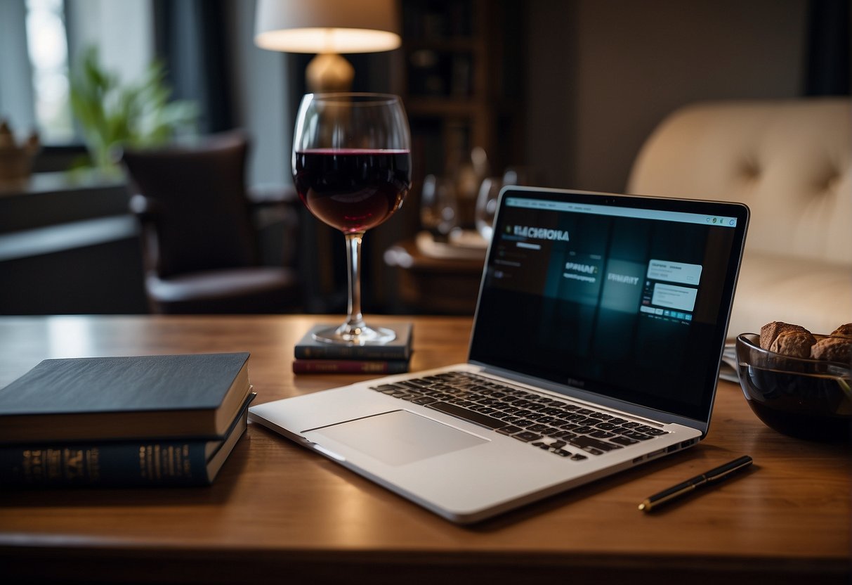 A laptop open on a table with a glass of wine, a notebook, and pen. A stack of wine books nearby. Wine bottles and glasses in the background