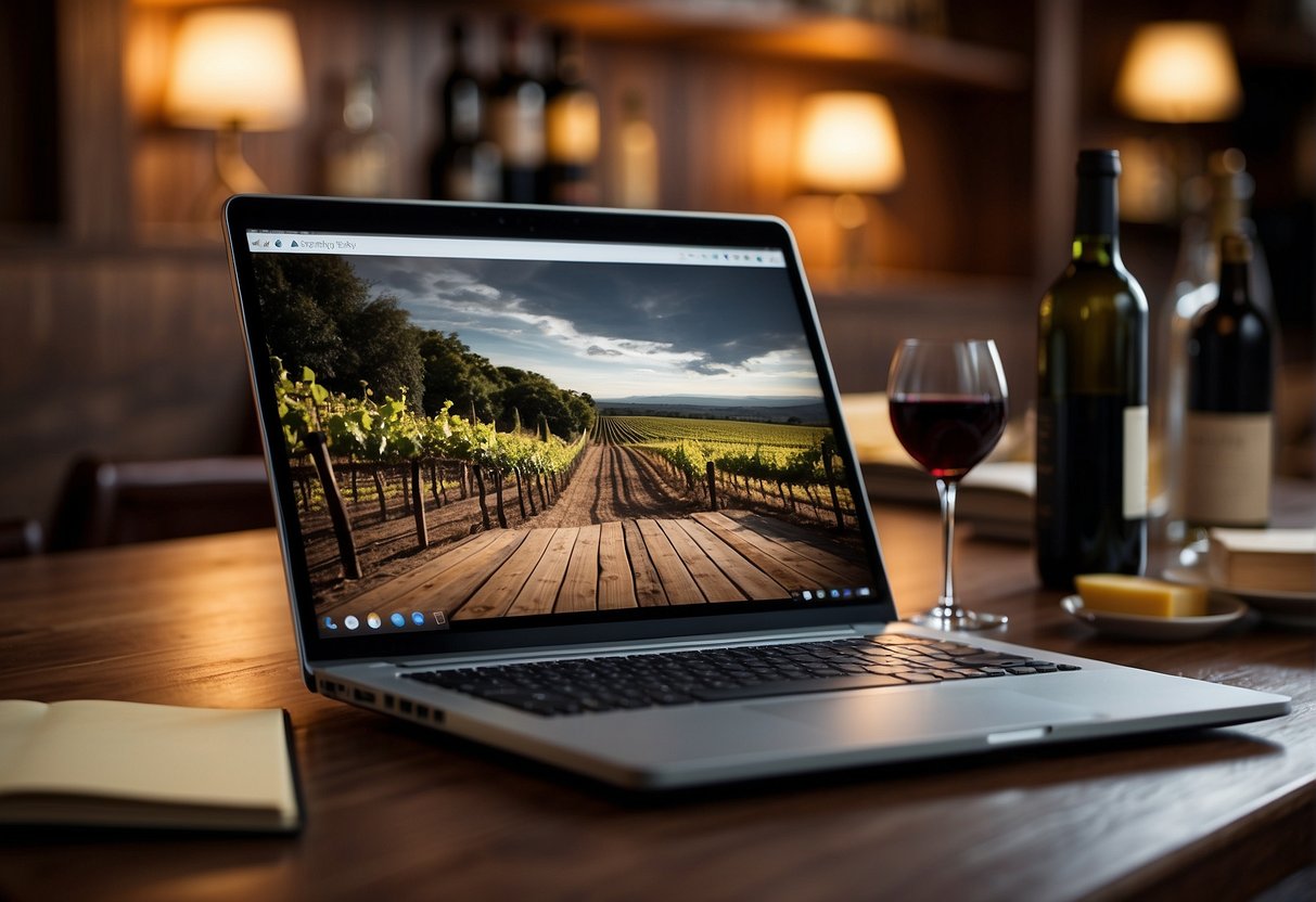 A laptop open on a wooden table, surrounded by wine bottles, glasses, and a notebook. A pen rests on the notebook, ready for note-taking