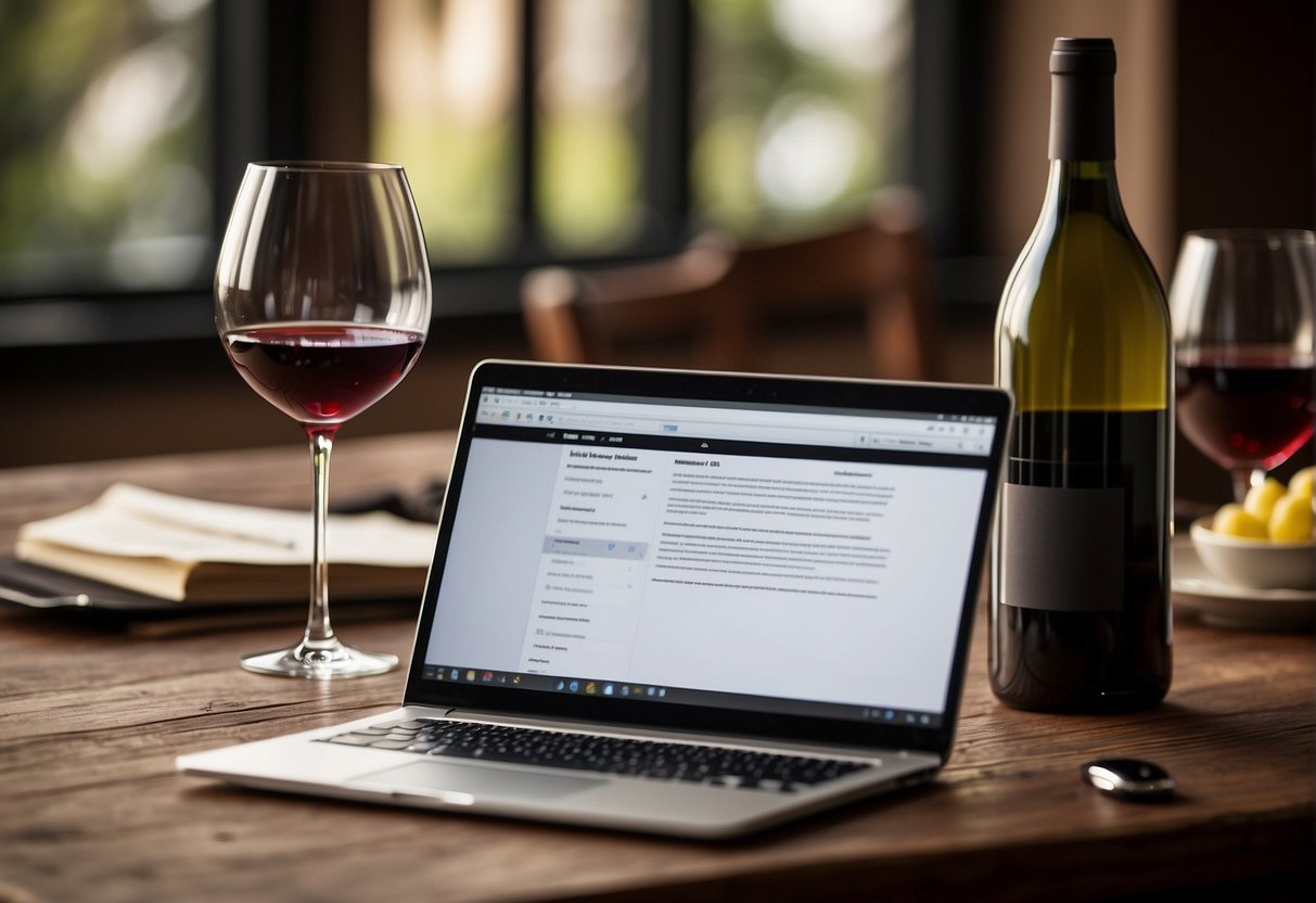 A laptop open on a wooden table with a glass of wine, a notepad, and a pen. A shelf with wine bottles and wine glasses in the background