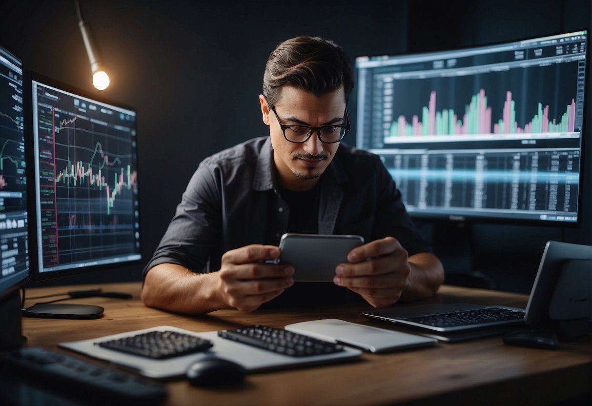 A person researching cryptocurrency, surrounded by financial charts and graphs, with a computer and smartphone, pondering investment options