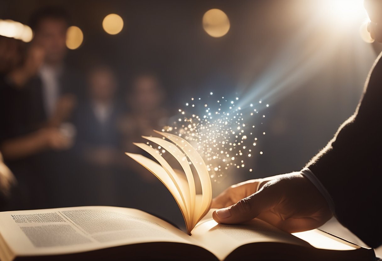 A person's hand extends toward a book, while a beam of light connects the book to a group of diverse individuals, symbolizing the direct connection between the author and readers