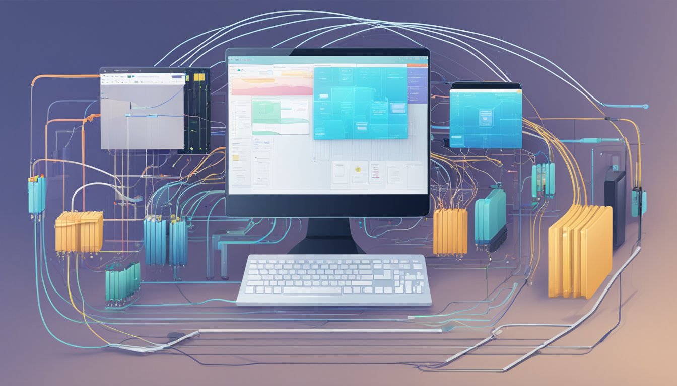 A computer system integrates AI with business management software. Cables connect the devices, while data flows between them
