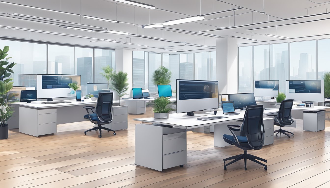 A sleek, modern office space with AI-powered machines seamlessly integrating with business management systems for maximum efficiency