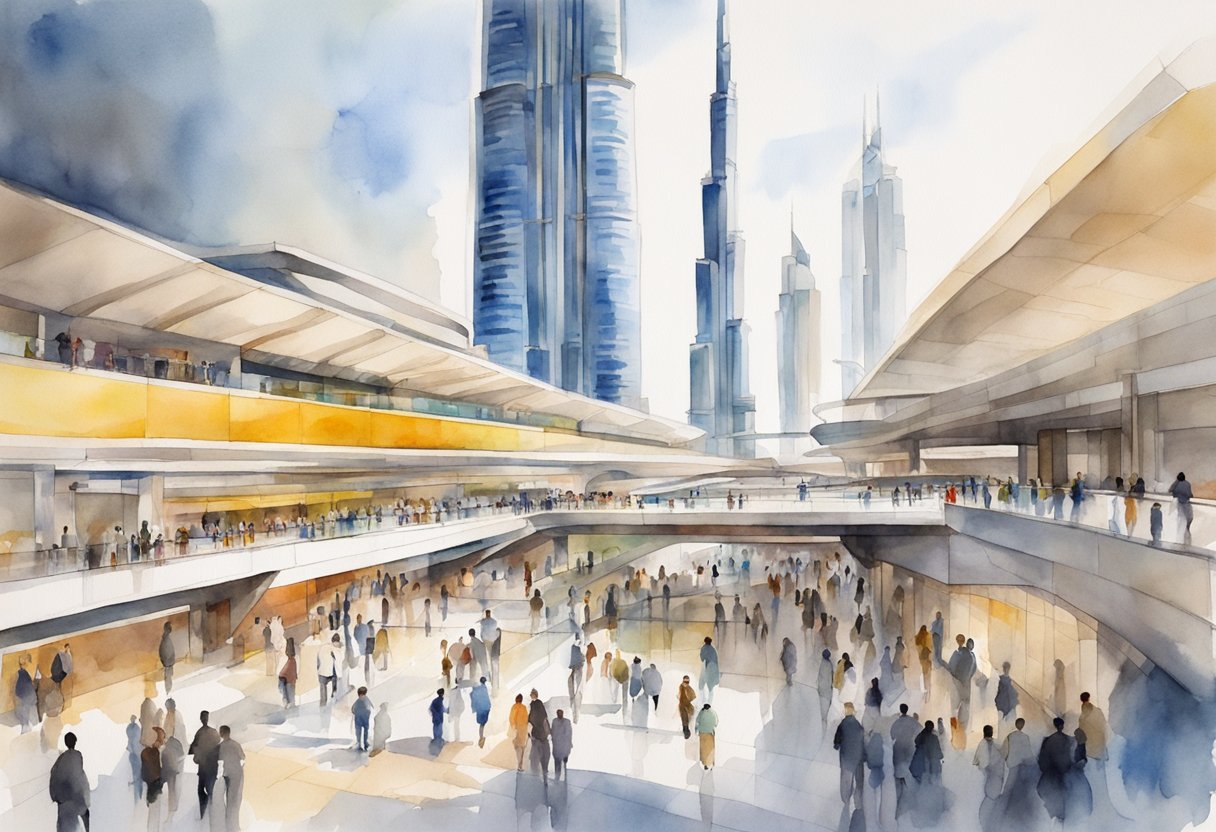 The bustling Burj Khalifa/Dubai Mall Metro Station, with sleek modern architecture and a stream of commuters entering and exiting the station
