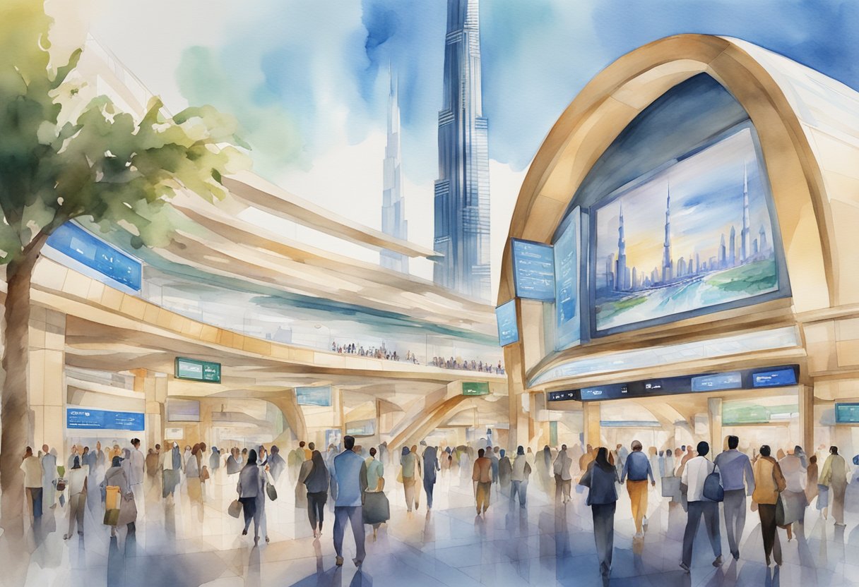 The bustling metro station features digital screens, ticket kiosks, and information desks with a backdrop of the iconic Burj Khalifa and Dubai Mall