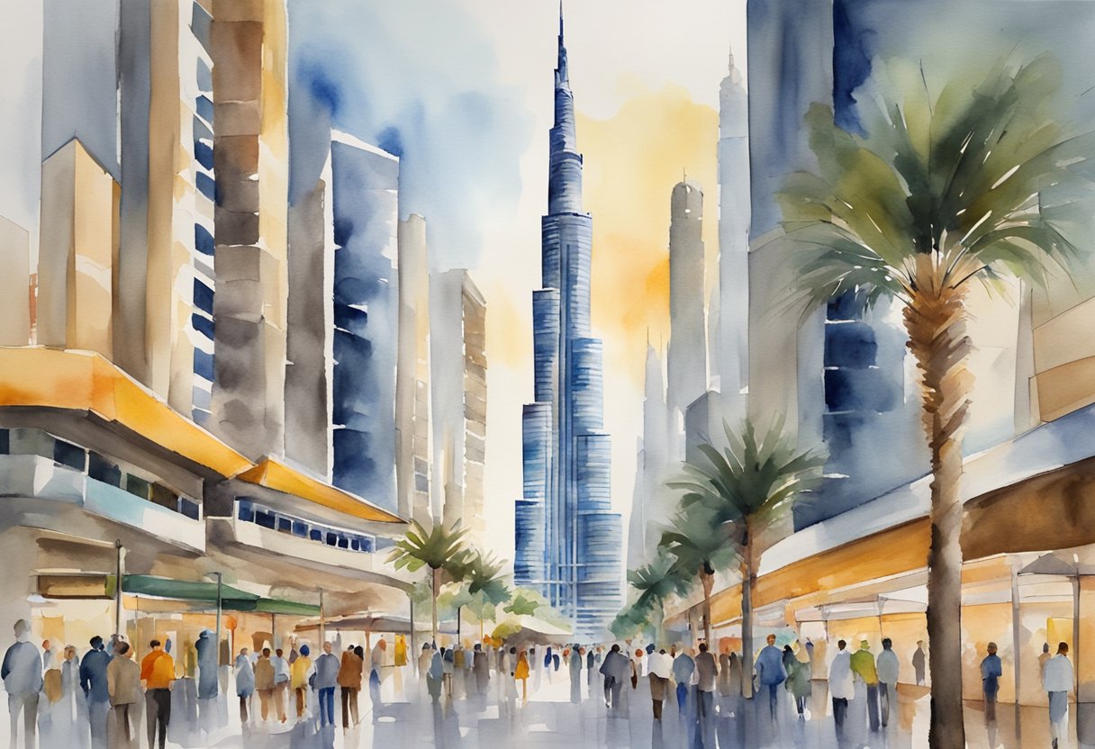 The Burj Khalifa stands tall next to the bustling Dubai Mall metro station. Visitors marvel at the iconic skyscraper and the vibrant cityscape