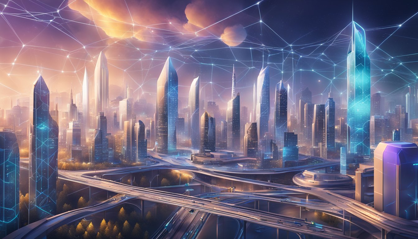 A futuristic city skyline with AI-powered infrastructure and EOS network nodes seamlessly working together to enhance performance and scalability