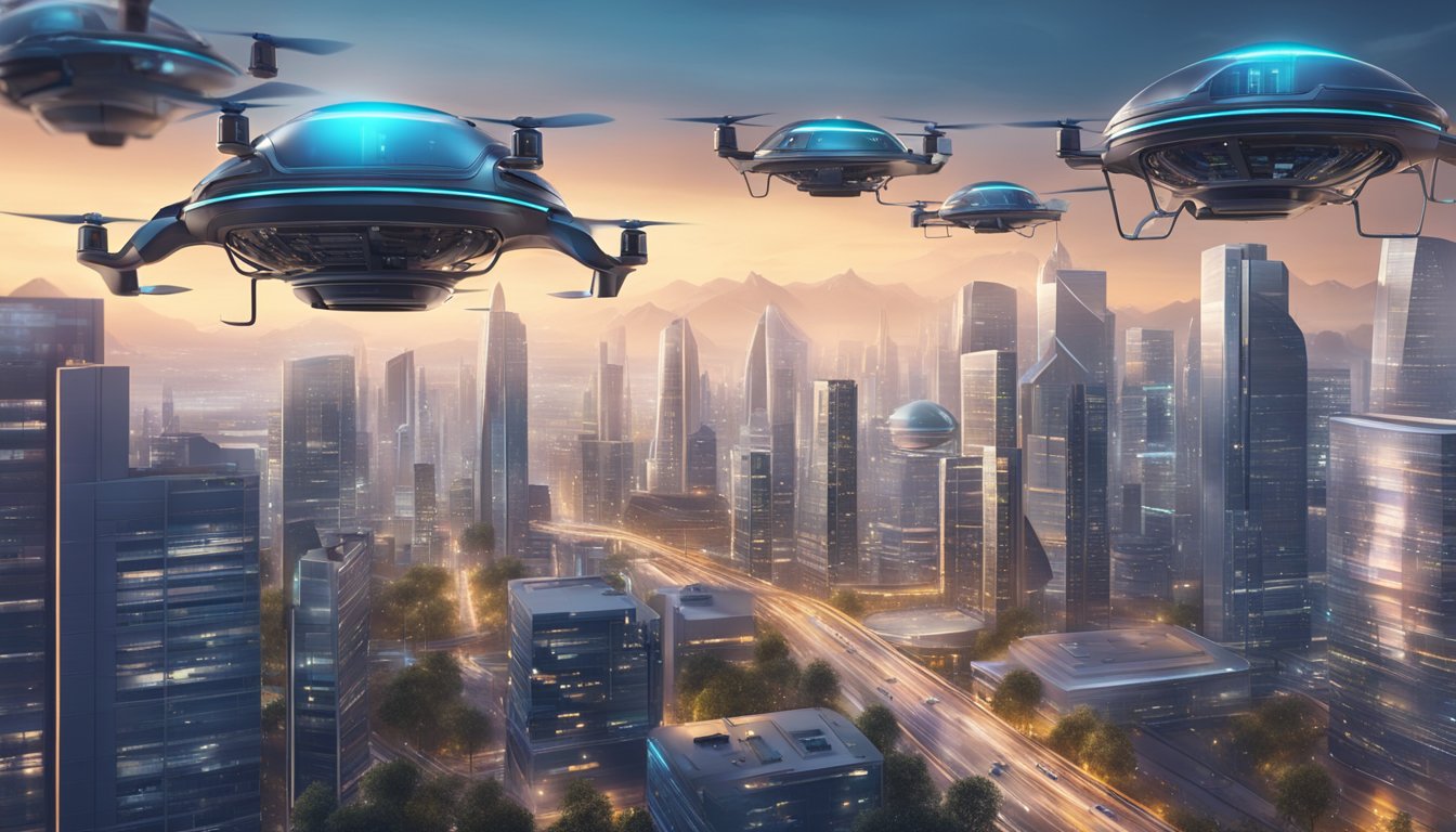 A futuristic cityscape with AI-powered drones patrolling the skies, while EOS-enabled security systems monitor and protect data flow in a sleek, high-tech environment
