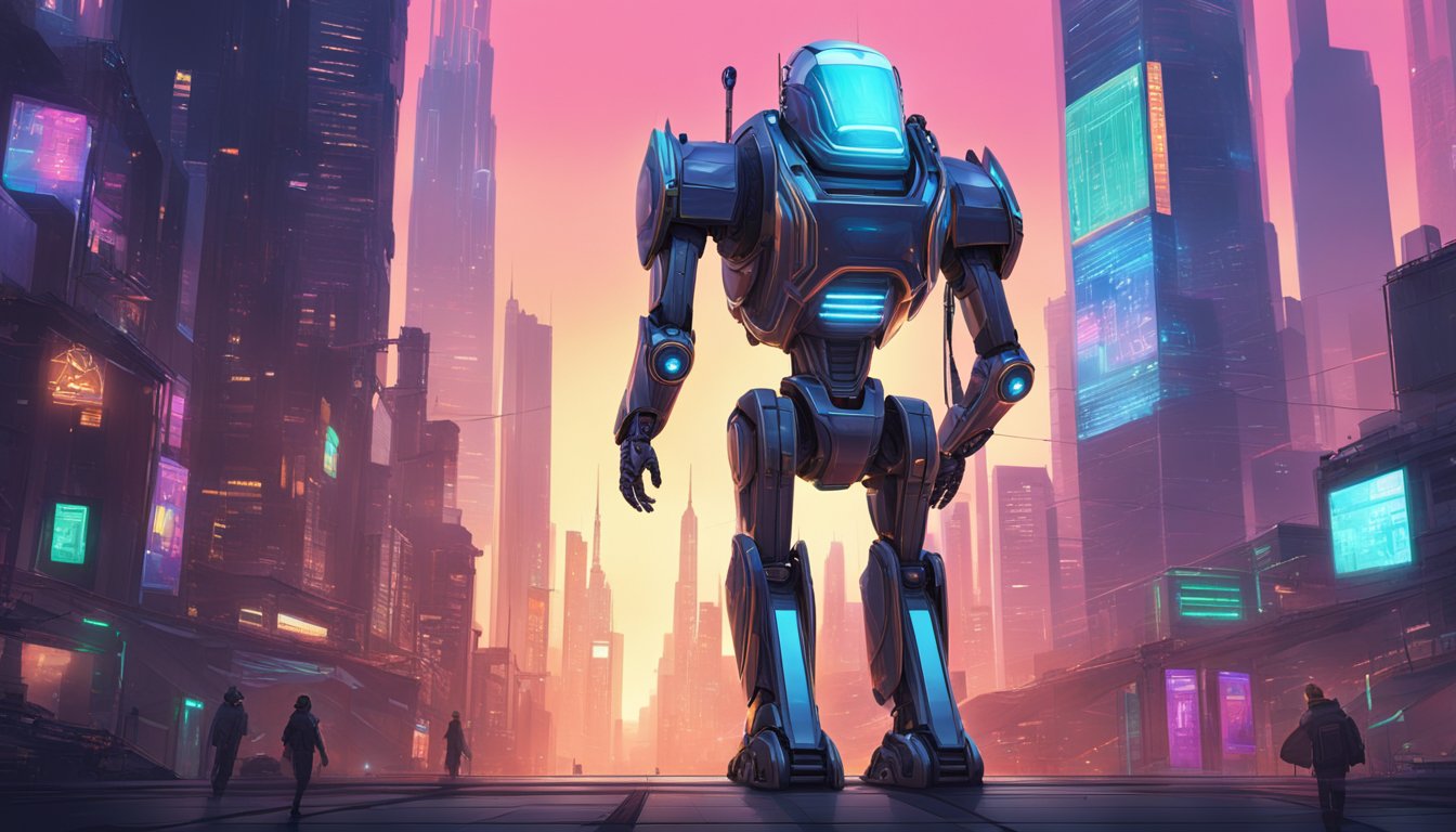 A towering AI robot ascends a futuristic cityscape, its sleek metallic form reflecting the neon glow of the bustling metropolis below