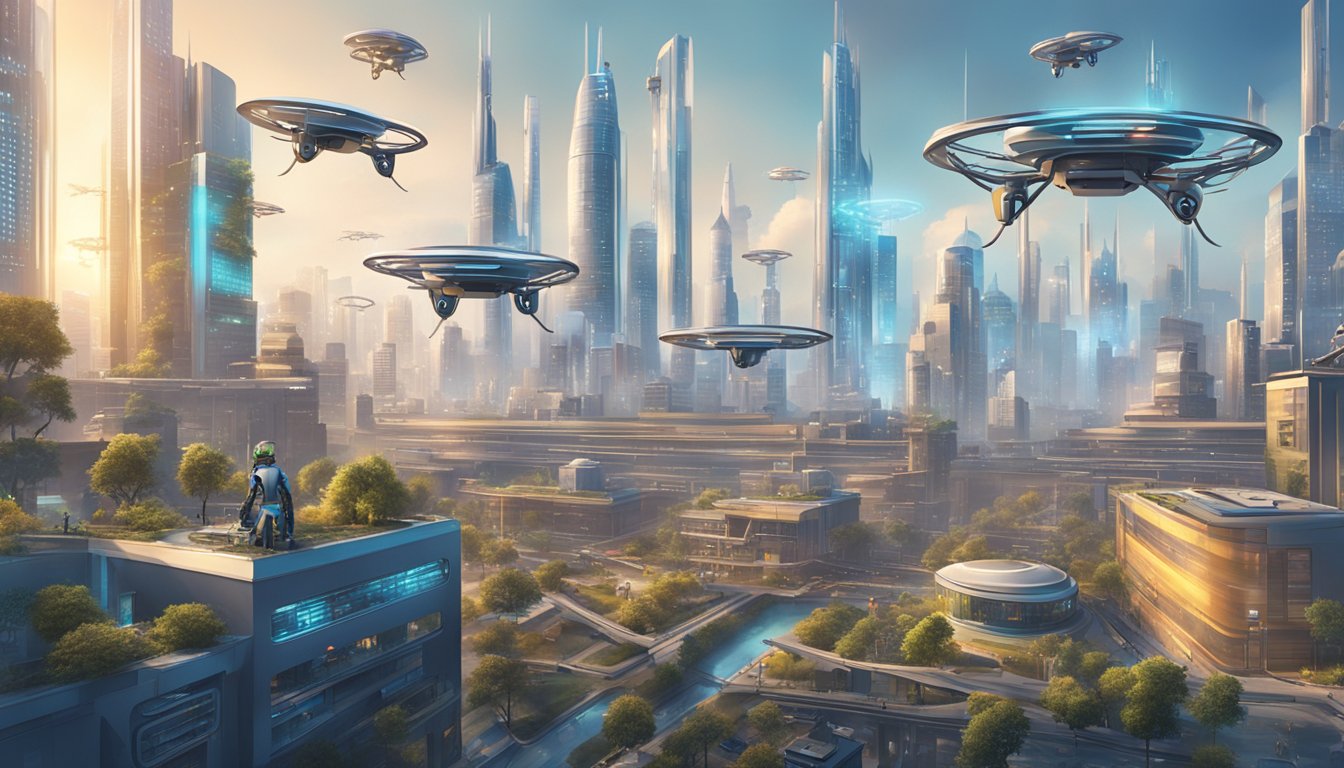 A futuristic city skyline with AI-powered drones and robots working alongside humans in advanced factories and smart buildings