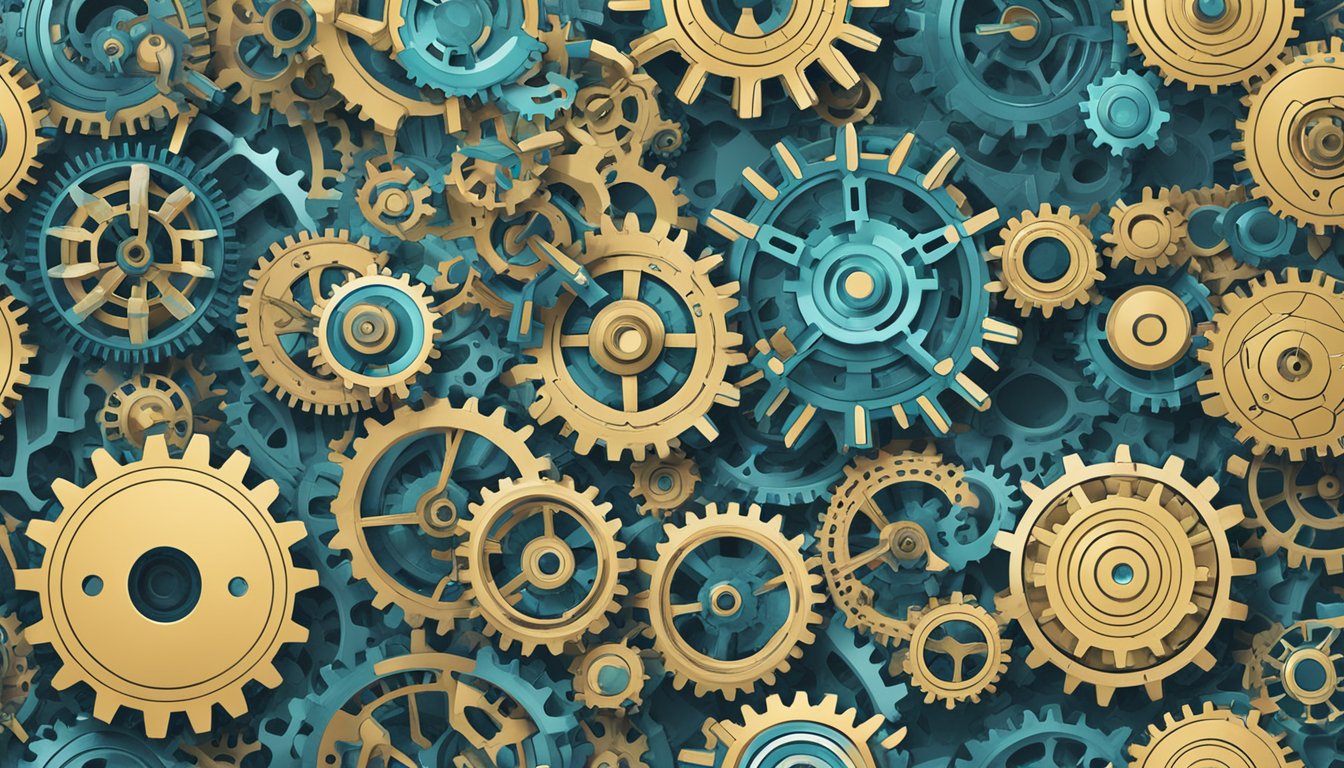 Multiple interconnected gears and cogs working together, with AI algorithms symbolized by intricate patterns and lines, scaling up and integrating seamlessly