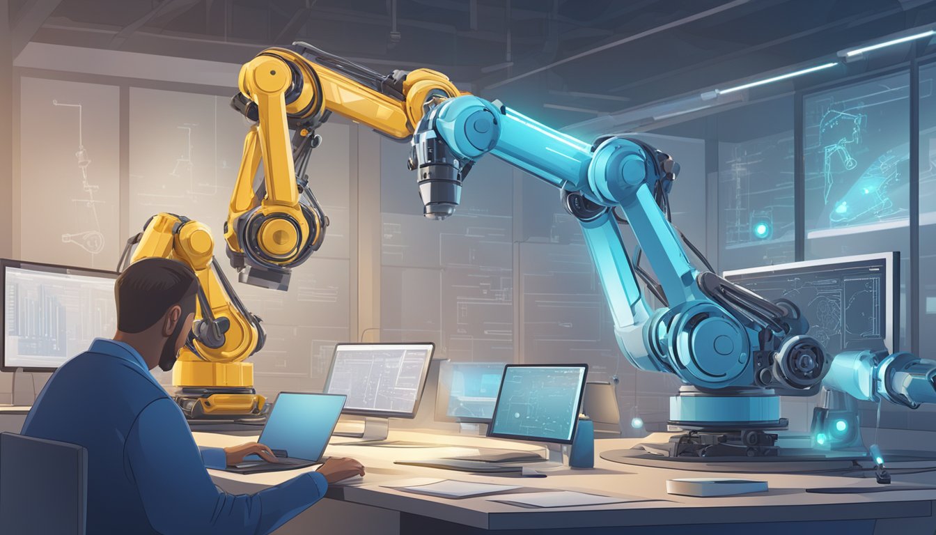 Robotic arms execute project tasks in a digital environment. AI algorithms manage workflow and data analysis