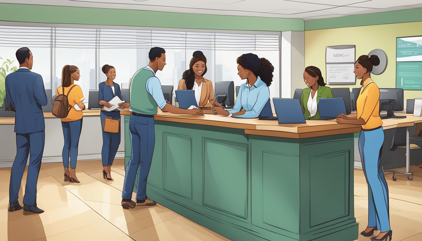 A group of people are gathered around a customer service desk, with representatives assisting customers with loan inquiries. The atmosphere is professional and welcoming, with the company logo prominently displayed