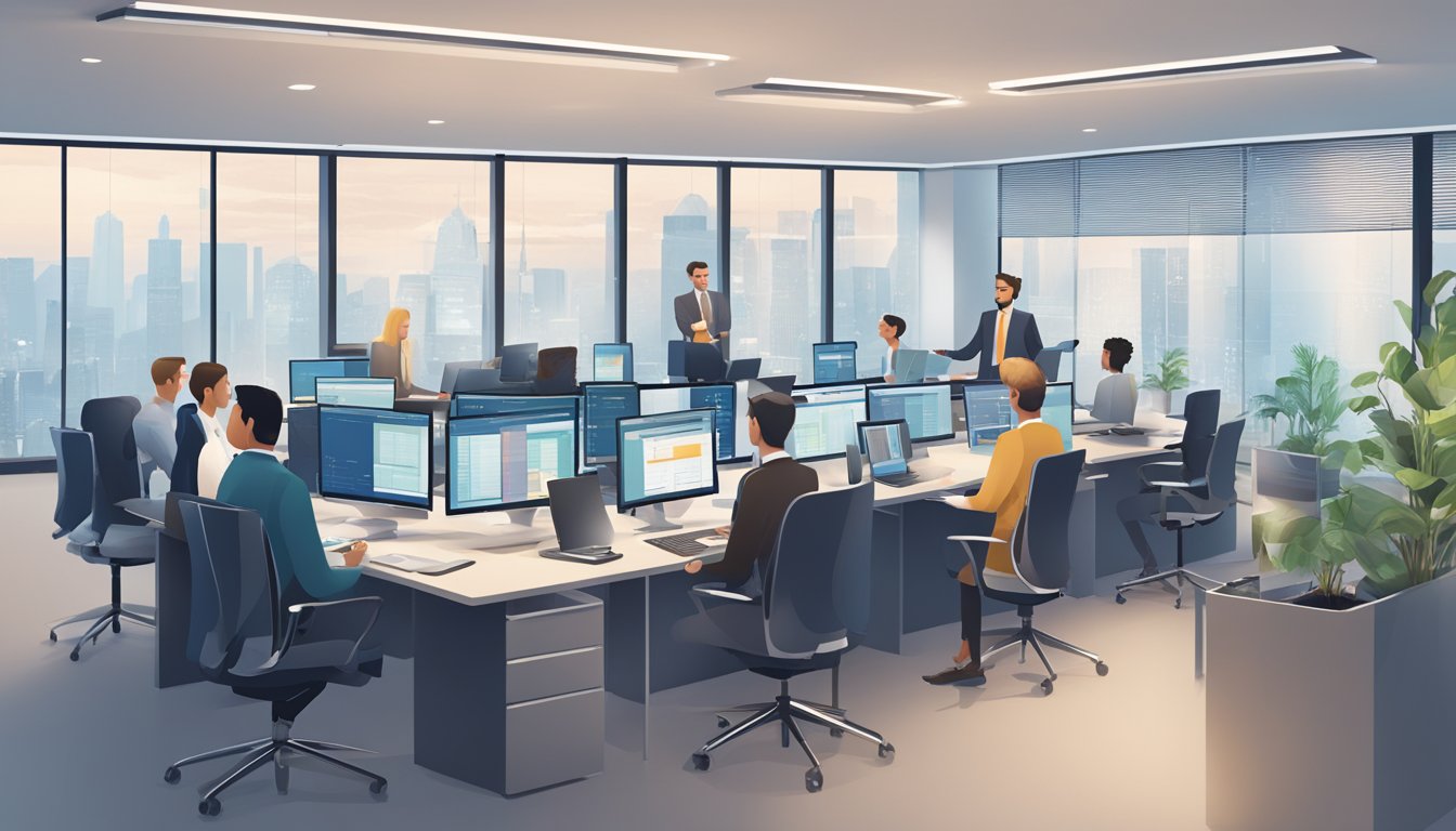 A bustling investment bank office with employees using DealCloud software to manage deals and client relationships. Computer screens display the platform's interface, while professionals collaborate and strategize