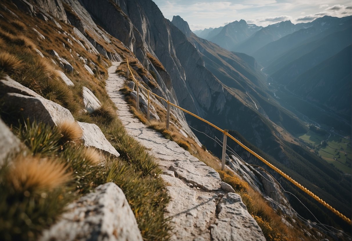 A narrow mountain path winds along a steep rock face, with metal rungs and cables guiding the way. The view from the via ferrata showcases breathtaking mountain scenery and a sense of adventure