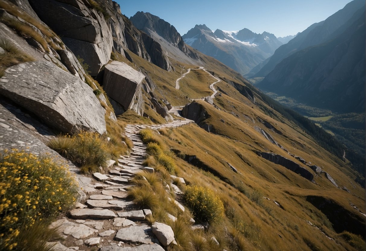 A rugged mountain landscape with a winding iron pathway, surrounded by breathtaking natural scenery, showcasing the best via ferrata locations around the world