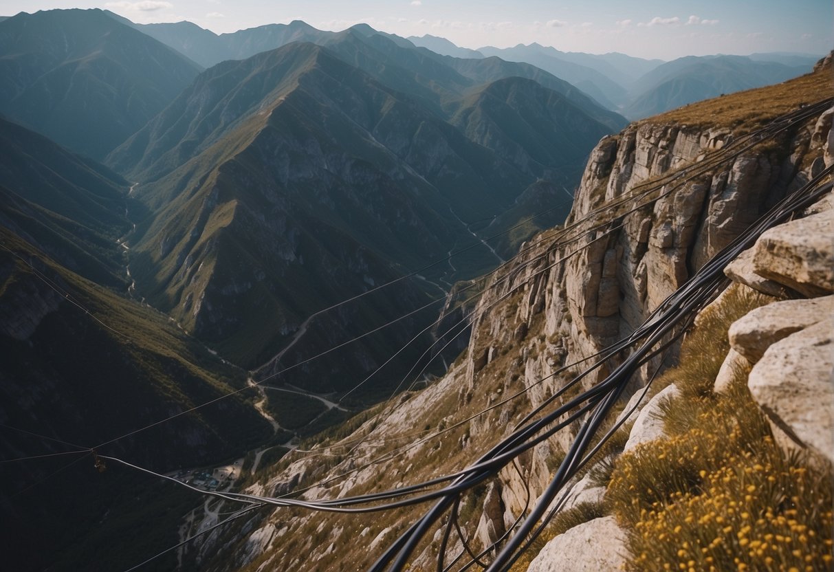 A rugged mountain landscape with iron rungs and cables weaving along the cliff face, leading to a breathtaking view