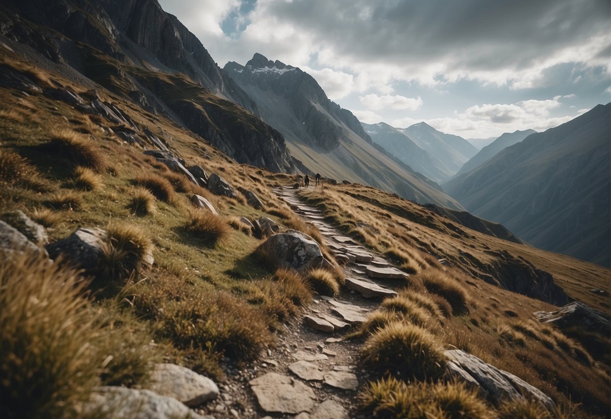 A rugged mountain landscape with winding paths and steep cliffs. Various types of equipment such as harnesses and ropes are scattered around, indicating physical preparation for a challenging climb