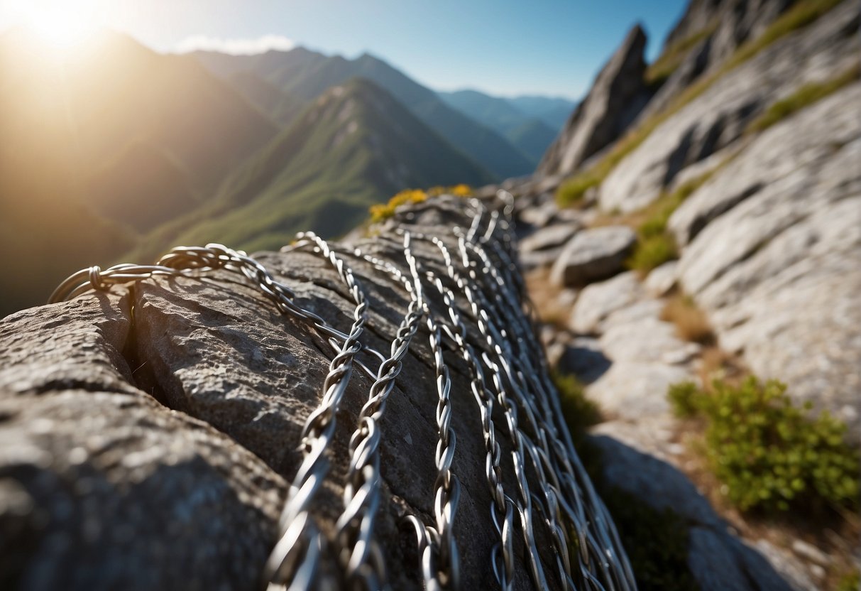 A steep mountainside with metal rungs and cables weaving up the rock face, surrounded by breathtaking scenery and adventurous climbers