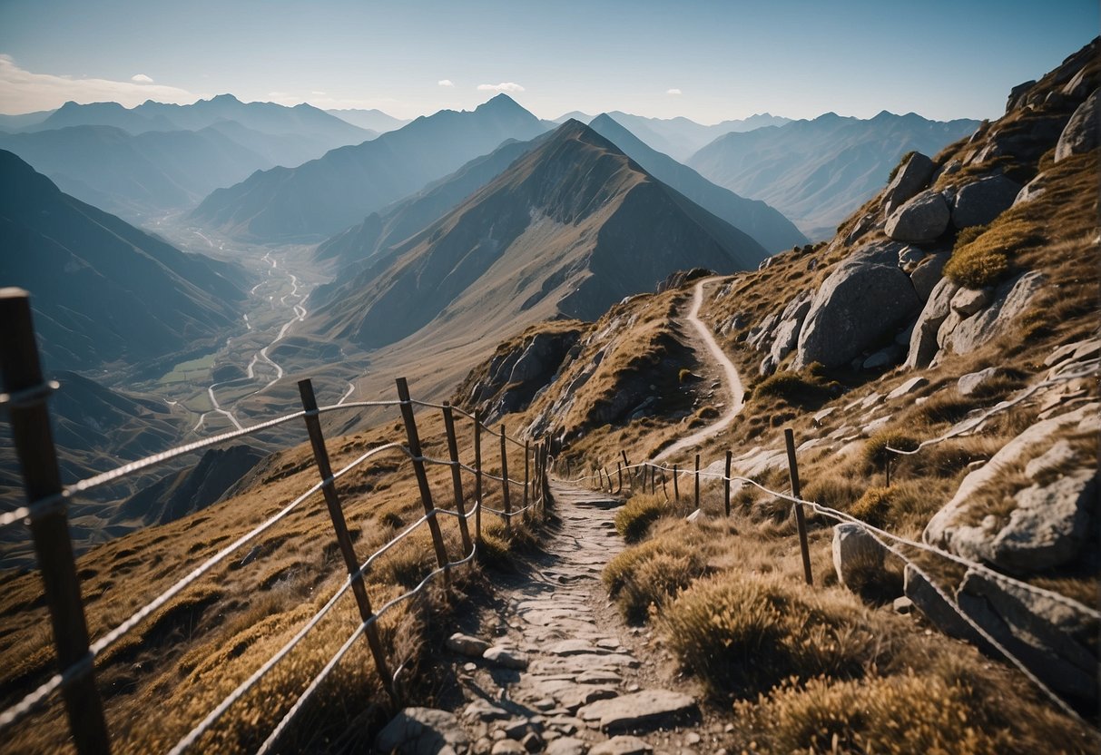 A mountain path winds through rugged terrain, with steel cables and ladders affixed to the rock face. The breathtaking view of the surrounding landscape adds to the sense of adventure and challenge