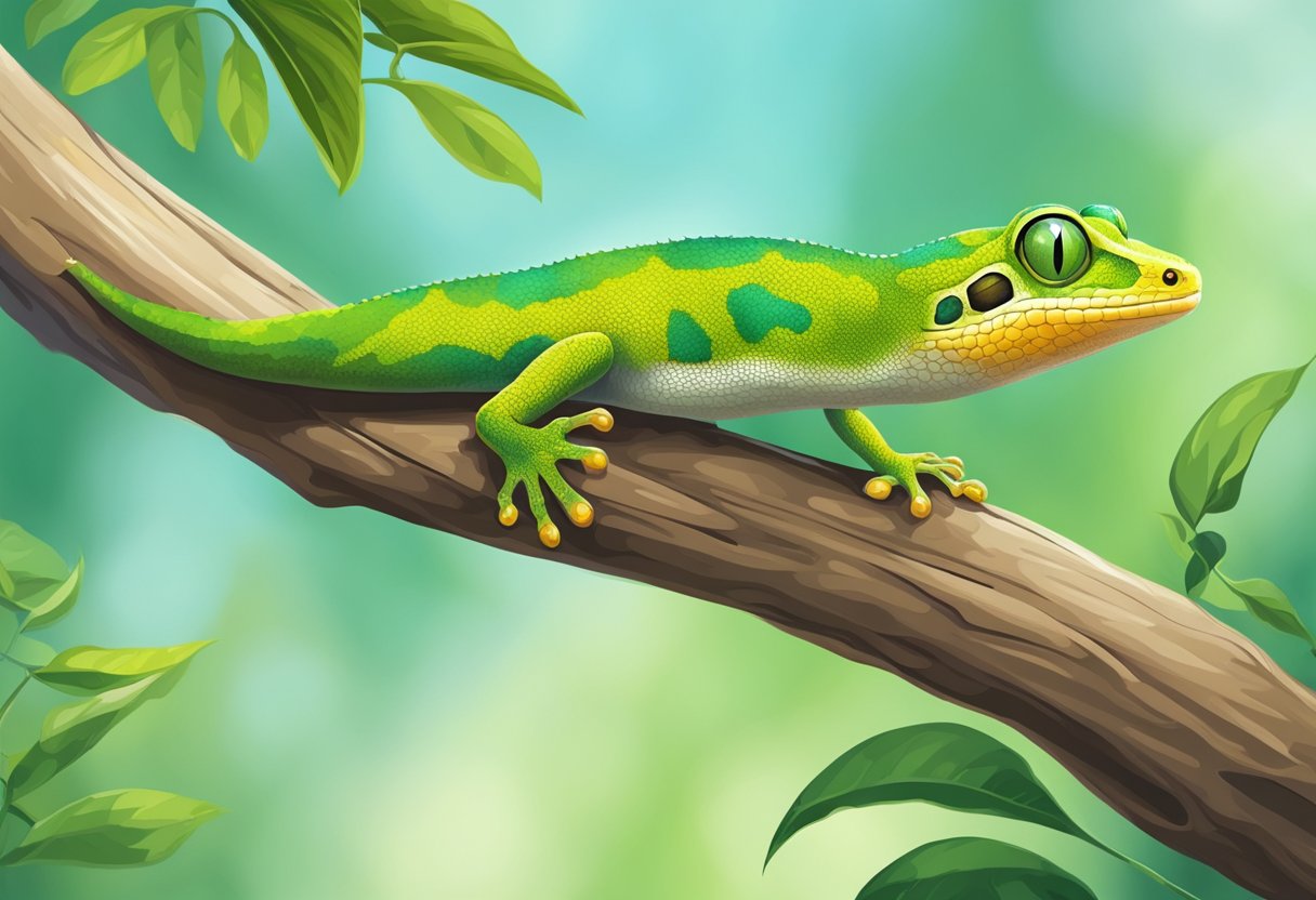 A gecko climbs a branch, its sticky toes gripping the rough surface. Its vibrant colors stand out against the green leaves in the background