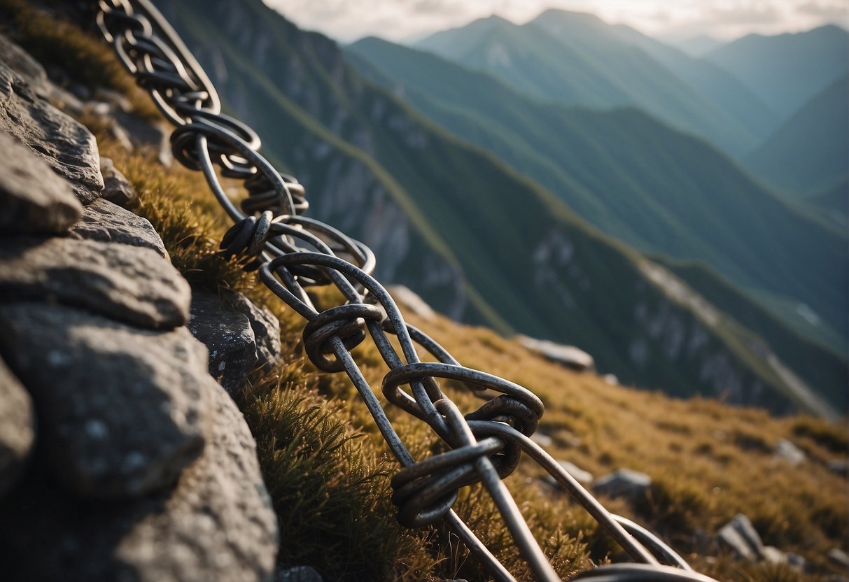 A rugged mountainside with iron rungs and cables snaking up its face, set against a backdrop of breathtaking natural scenery