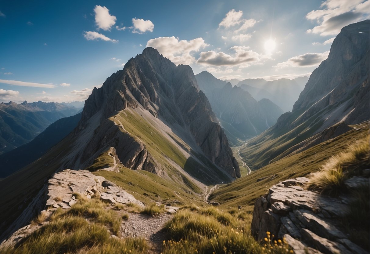 A rugged mountain landscape with a narrow, winding via ferrata route snaking up the cliffside, surrounded by breathtaking natural scenery