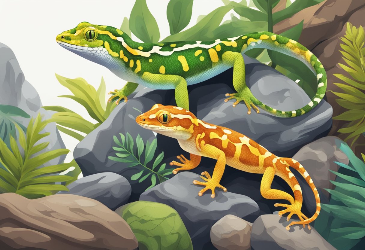 Geckos of various colors and sizes climb on rocks and branches in a terrarium. Some have sticky toe pads while others have vibrant patterns