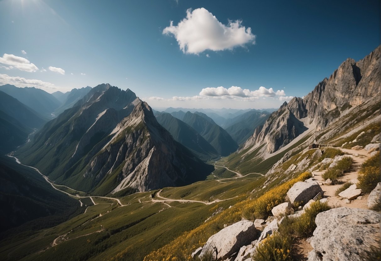 A panoramic view of a rugged mountain range with a winding, exposed via ferrata route snaking up the cliffside, surrounded by breathtaking natural scenery