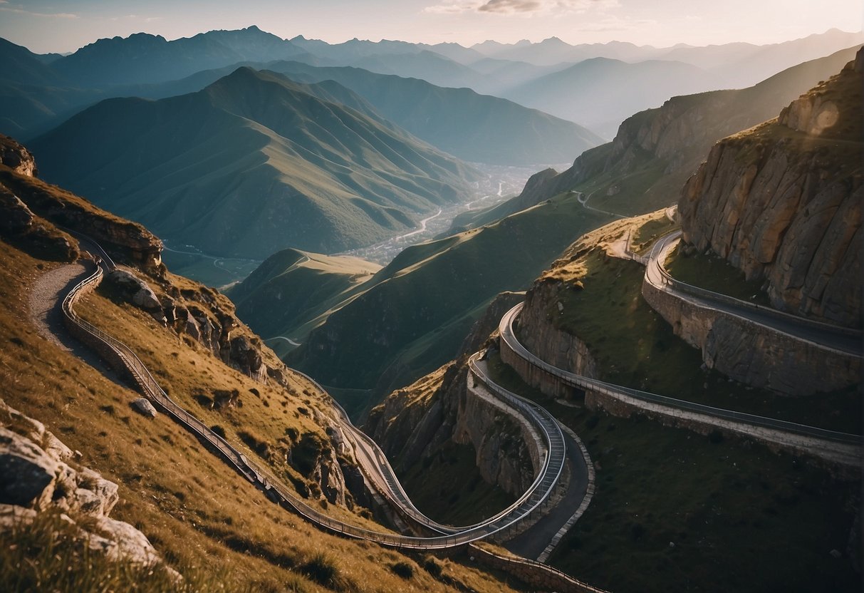 A mountainous landscape with a winding iron pathway suspended against the rock face, surrounded by breathtaking views and rugged terrain