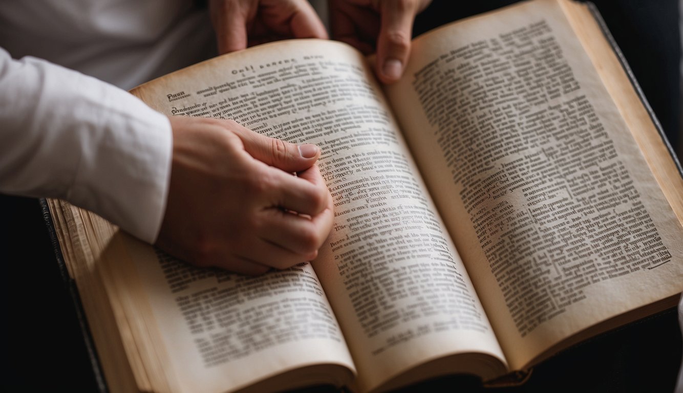 A couple's hands clasped together, surrounded by open pages of a Bible with highlighted verses about love and commitment