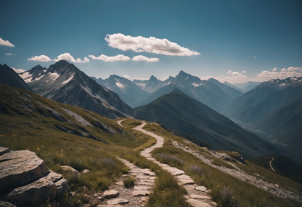 A rocky mountain peak with a winding iron pathway, surrounded by breathtaking views of lush valleys and towering peaks