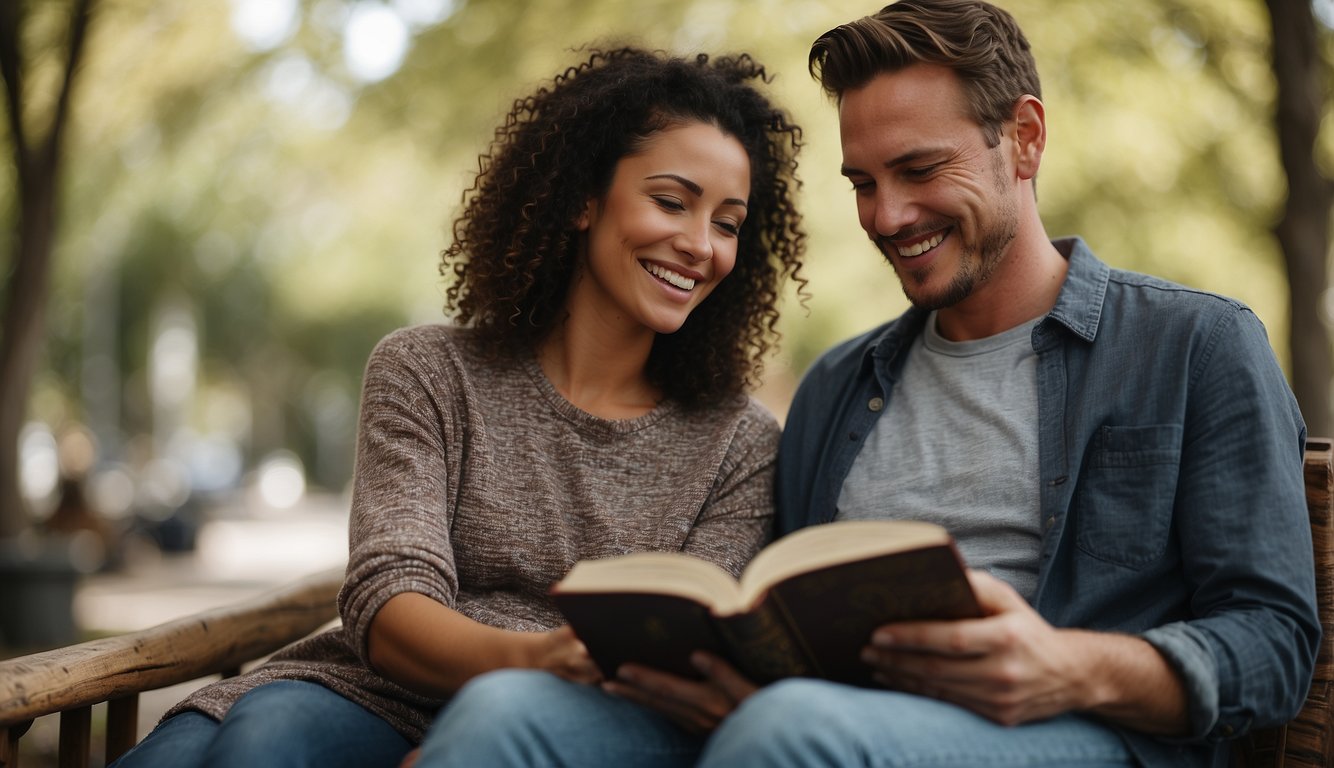 A couple sitting together, reading and discussing Bible verses. Smiling, showing patience and kindness towards each other