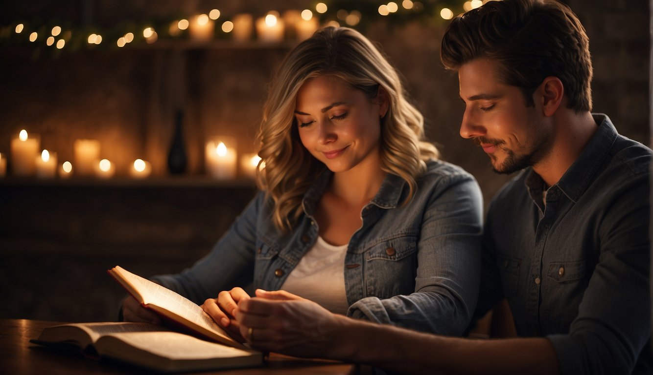 A couple sitting close, reading a Bible together. Their body language shows intimacy and commitment. The warm glow of a candle adds a cozy atmosphere