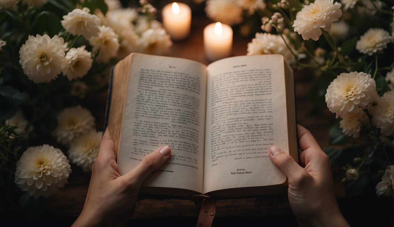 A couple's hands holding a Bible open to verses about love and commitment, surrounded by flowers and soft lighting