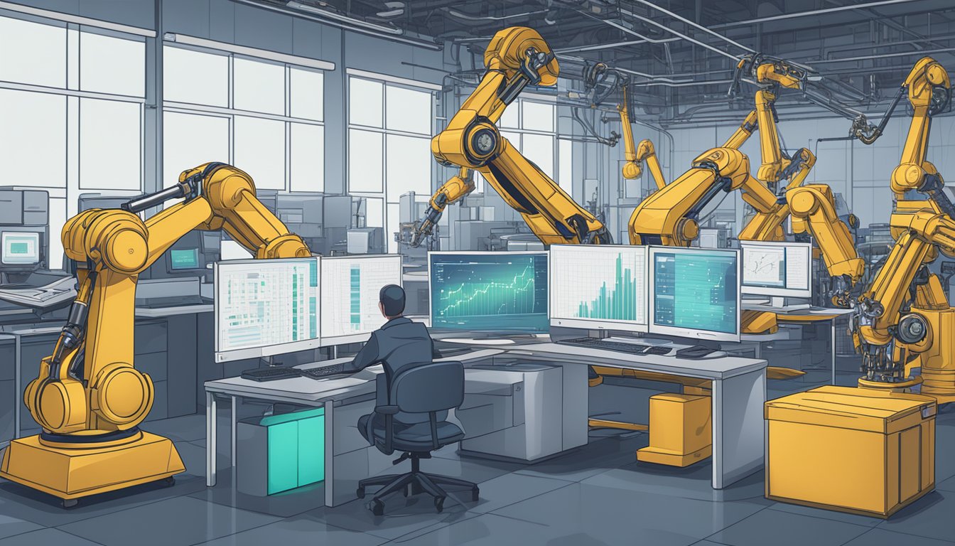 An AI algorithm processing financial data on a computer screen, while robotic arms automate tasks in various industrial settings